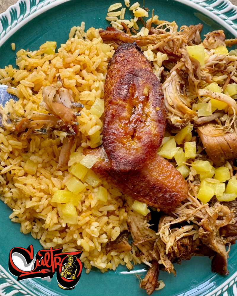 Marinated Chicken over Yellow Rice with Sweet Plantain and Pineapple